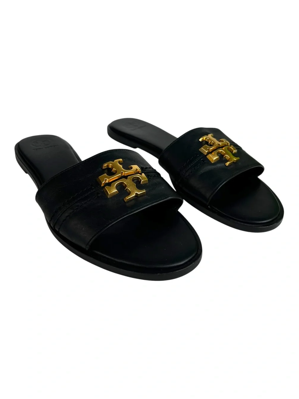 Tory Burch Ines Black Leather Double T Logo Slide Sandals Women’s 10 M